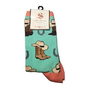 Socksmith Cowgirl Up Spearmint Graphic Cotton Crew Socks Western Boots Hat NEW